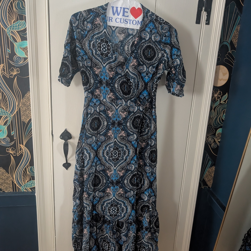EARTHBOUND Blue and Black Long Sleeve Paisley Dress
